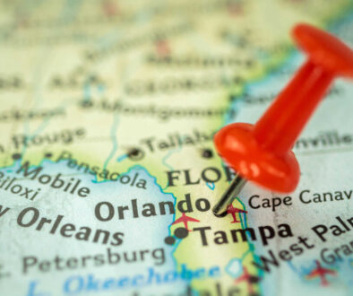 Location Orlando city in Florida, map with red push pin pointing close-up, USA, United States of America