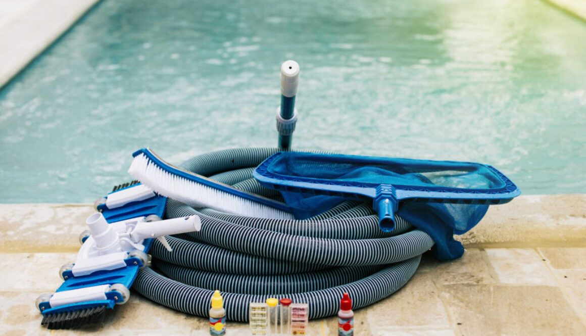 Pool cleaning and maintenance tools, image of pool cleaning and maintenance kit, vacuum cleaner, ph test, leaf picker and pool sweeper